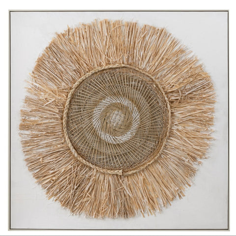 J-Line schilderij Ibiza Circle met ronde rotan cirkel op een witte achtergrond.
