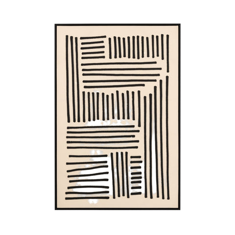 J-Line Schilderij Line met zwarte grafische lijnen op een beige achtergrond en zwarte omlijsting.