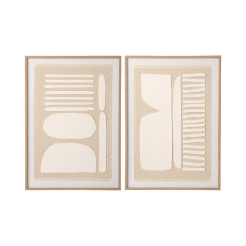 J-Line Schilderijen Abstract Canvas set van twee beige schilderijen met reliëf en houten kader.