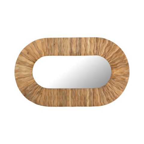 J-Line Curve Oval spiegel liggend met brede natuurlijke rand van mangohout en rotan.