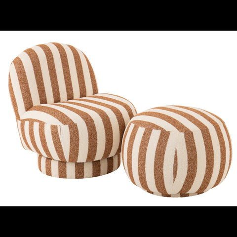 J-Line Striped zetel in camel en off-white met bijpassende ronde poef