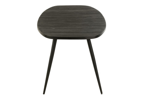 J-Line tafel Oval van zwart gerecycleerd hout met metalen poten, volledig vooraanzicht.