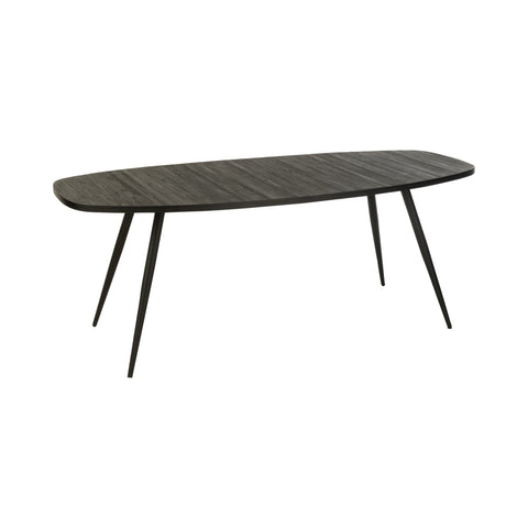 J-Line tafel Oval van zwart gerecycleerd hout met metalen poten, volledig vooraanzicht.