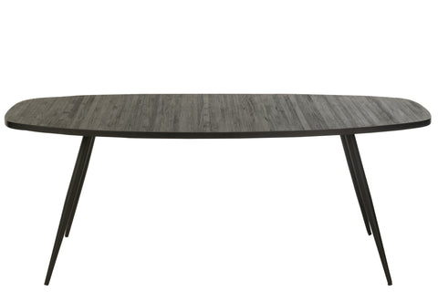 J-Line tafel Oval van zwart gerecycleerd hout met metalen poten, volledig vooraanzicht.