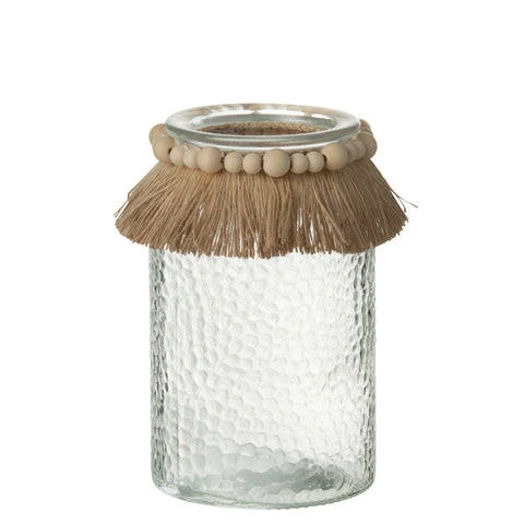 J-Line Theelichthouder ‘Bohemio’ large van glas met beige kralen en franjes