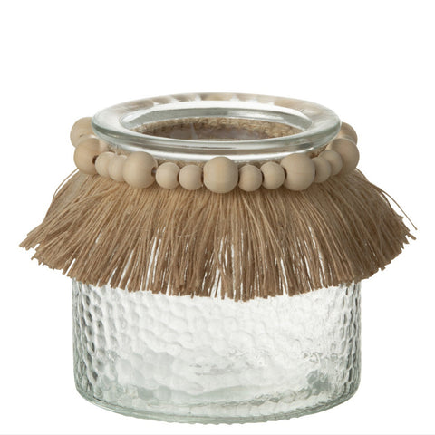 J-Line Theelichthouder ‘Bohemio’ small in transparant glas met beige kralen en franjes