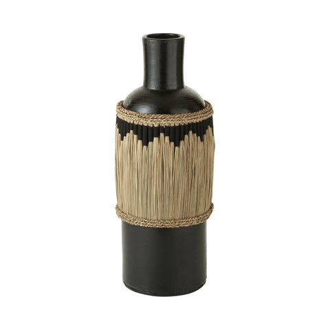 J-Line vaas Pattern van rotan en aardewerk in zwart en naturel, volledig vooraanzicht.