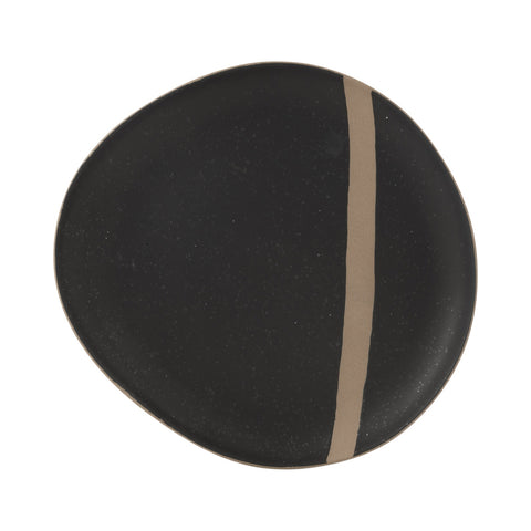 J-Line Ceramic large bord in zwart en taupe keramiek, frontaal zicht op het ronde bord met organische vorm.