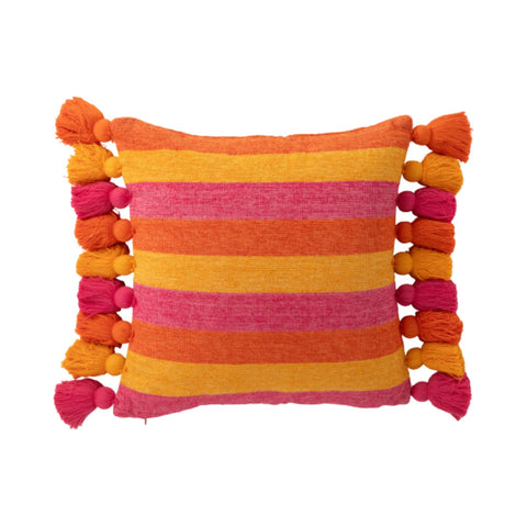 J-Line kussen ‘Colorful Stripes’ – vierkant sierkussen met geweven strepen in oranje, roze en geel, afgewerkt met boho kwastjes