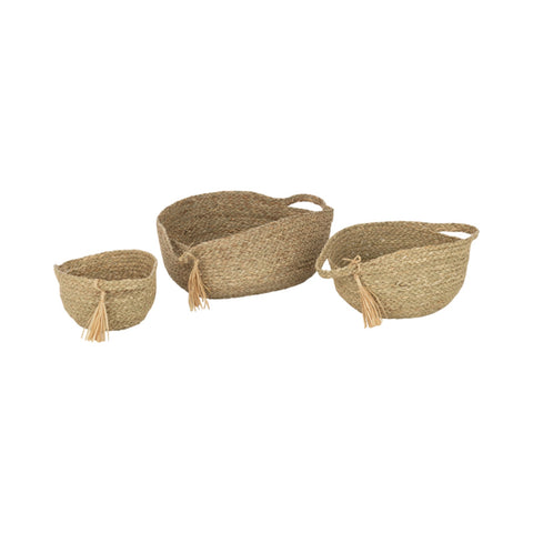 -Line Mand 'Round' set van 3 in naturel rotan met franjes