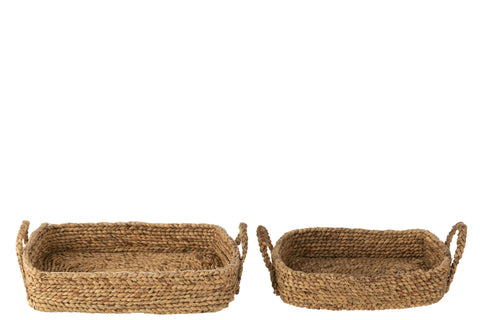 Set van twee rotan manddienbladen van J-Line in naturel kleur, vooraanzicht met zicht op structuur en formaatverschil.