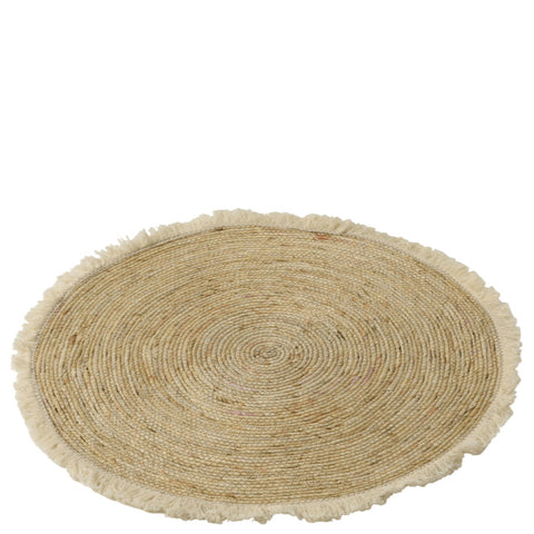 Ronde J-Line Mat 'Tassel' van rotan en katoen met franjes in naturel kleur.