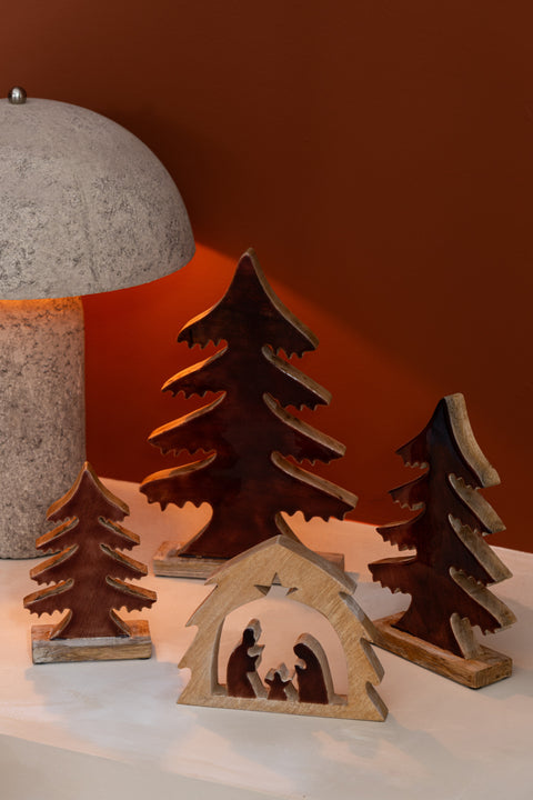 J-Line Ornament Dennenboom set van drie in mangohout, naturel kleur, kerstdecoratie in interieur