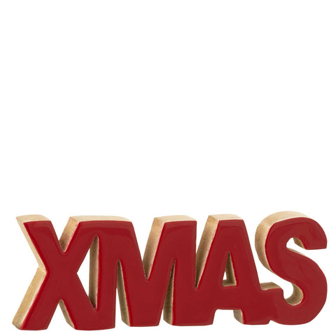 J-Line Ornament Xmas van mangohout met rode letters, kerstdecoratie in rood en bruin