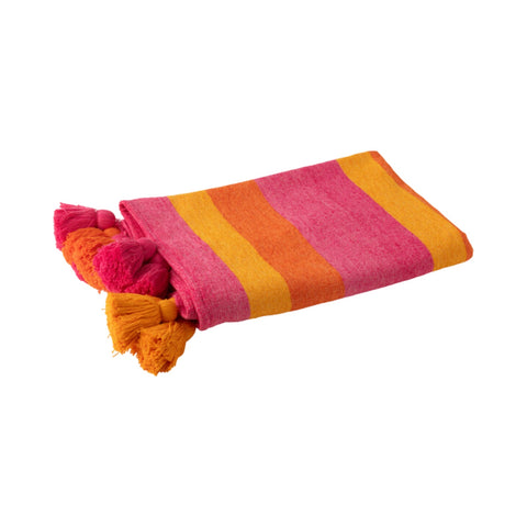 J-Line plaid ‘Colorful Stripes’ – geweven plaid van katoen en viscose in oranje, roze en geel strepen, licht en decoratief