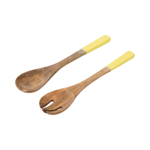 J-Line saladelepels ‘Mango Yellow’ – set van 2 mangohouten lepels met geel handvat, handgemaakt en perfect voor kleurrijke tafelstyling