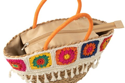 Close-up van de natuurlijke rieten structuur van strandtas 'Crochet' van J-Line