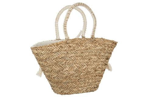 J-Line strandtas ‘Flowers Crochet’ achterzijde – naturel tas met crèmekleurig detail en stevig rotan design