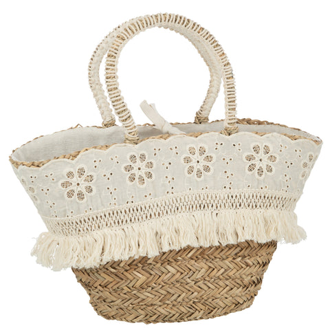 J-Line strandtas ‘Flowers Crochet’ vooraanzicht – ruime boho tas van rotan en polyester met gehaakt bloemenmotief
