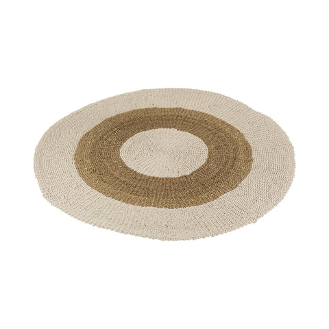 J-Line rond tapijt ‘Seagrass White’ van zeegras in naturel en wit – handgeweven vloerkleed Ø150 cm voor een rustgevend interieur