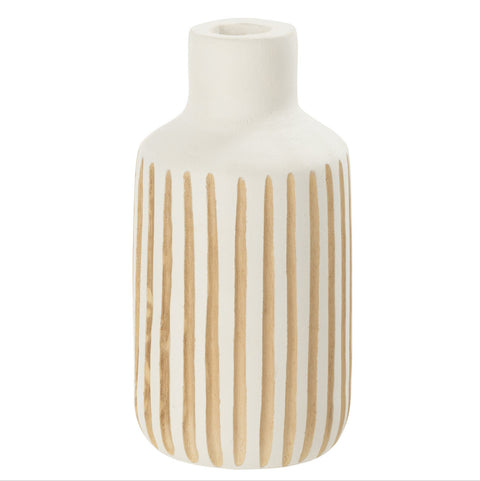 Productfoto van de J-Line vaas 'Ying' (small), houten vaas met witte ondergrond en bruine strepen.