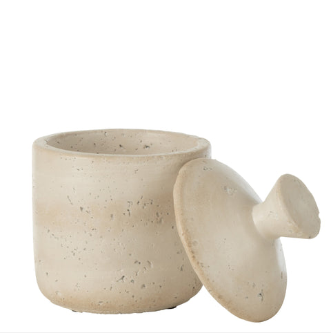 J-Line Voorraadpot 'Olina' met deksel naast de pot, beige travertin-look