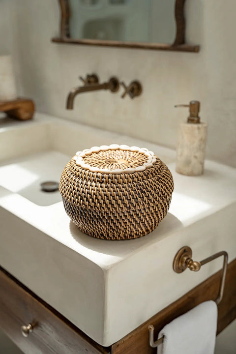 Bruine rotan opbergmand met deksel als natuurlijk badkameraccessoire op een wastafel