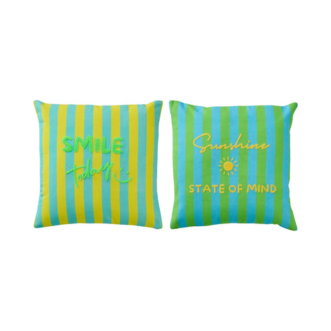 J-Line Smile Sunshine set van 2 gestreepte sierkussens in blauw, groen en geel