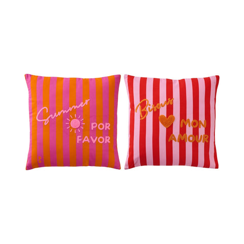 J-Line Summer Bisous set van 2 kleurrijke gestreepte sierkussens met zomerse teksten