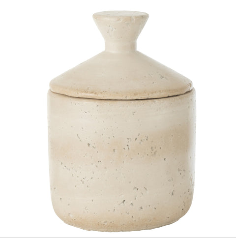 J-Line Voorraadpot 'Olina' met deksel naast de pot, beige travertin-look
