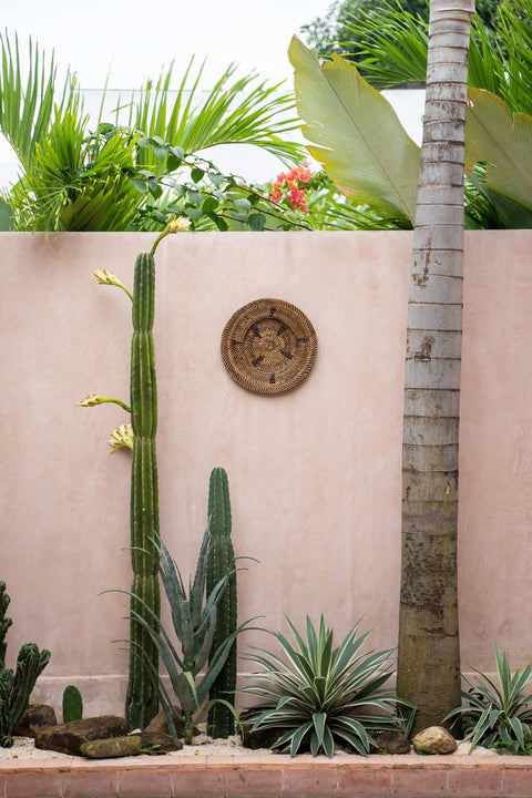 Rotan wanddecoratie The Jasmine Plate bij een muur met cactussen