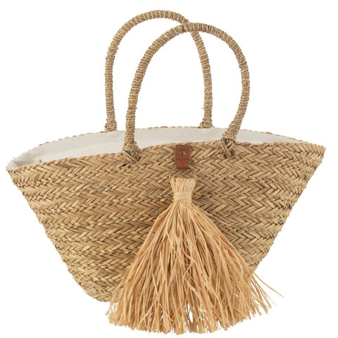 J-Line Tassels strandtas van riet met franjes in natuurlijke kleur