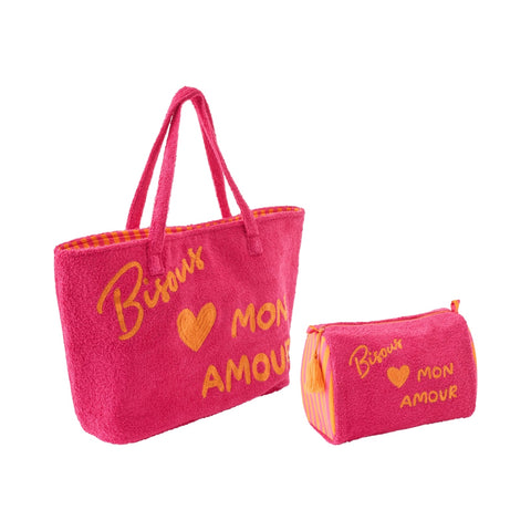 J-Line Bisous set met roze strandtas en bijpassende toilettas