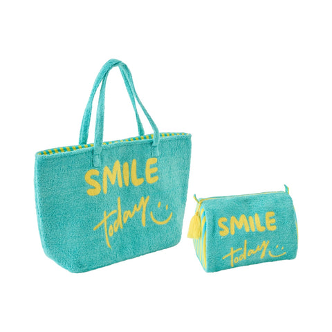J-Line Smile Today set met strandtas en bijpassende toilettas in blauw, groen en geel