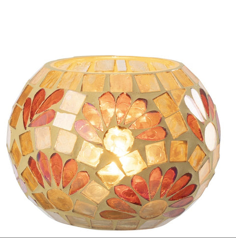 Theelichthouder glas mozaiek geel wit medium met kaars J-Line