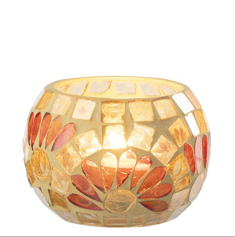 Theelichthouder glas mozaiek geel wit small met kaars J-Line