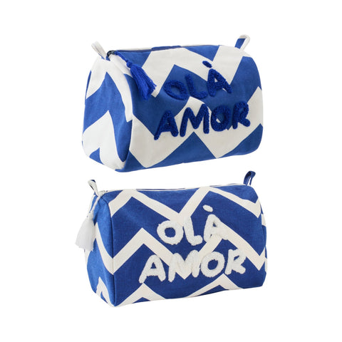 J-Line Ola Amor set van 2 blauw-wit gestreepte toilettassen met opschrift Ola Amor
