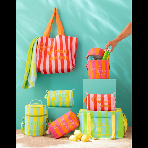 Set van 2 kleurrijke J-Line Sunshine Smile toilettassen met gestreept design en teksten Smile Today en Sunshine State Of Mind