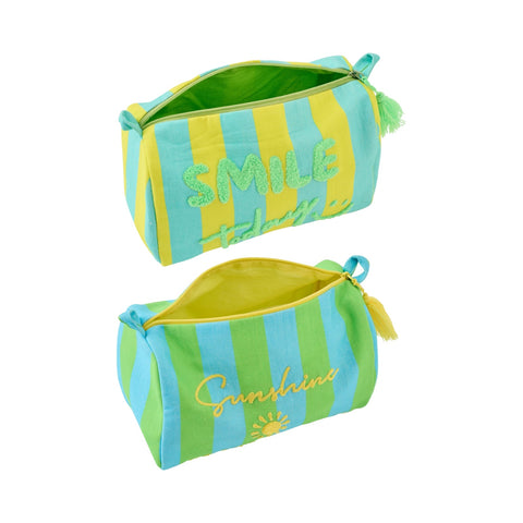 J-Line Sunshine Smile set van 2 gestreepte toilettassen in groen, geel en blauw met open ritssluiting