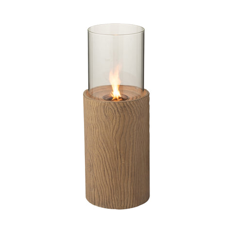 J-Line Trunk Magnesium Brown vuurschaal brandend met glazen omranding